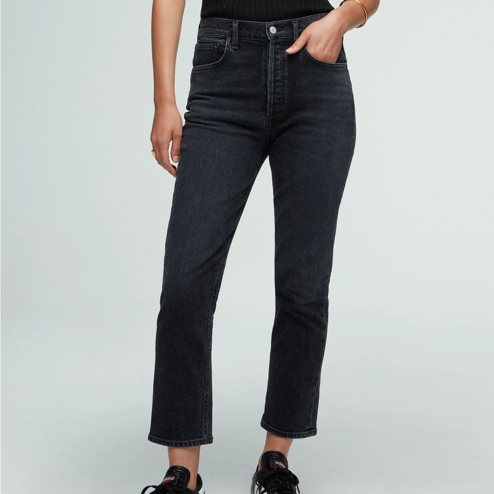 Agolde Women’s Riley Jeans Faded Black Crop Distressed Straight Stretch Sz 28
